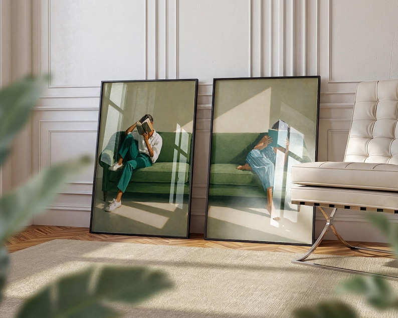 Reading Woman Wall Art Set of 2, Book Lover Gift, Modern Portrait Print for Living Room Decor, Moody Academia Aesthetic Poster Pair image 12