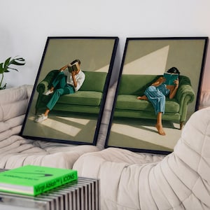 Reading Woman Wall Art Set of 2, Book Lover Gift, Modern Portrait Print for Living Room Decor, Moody Academia Aesthetic Poster Pair
