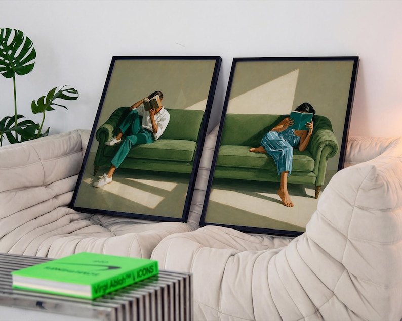 Reading Woman Wall Art Set of 2, Book Lover Gift, Modern Portrait Print for Living Room Decor, Moody Academia Aesthetic Poster Pair