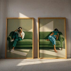 Reading Woman Wall Art Set of 2, Book Lover Gift, Modern Portrait Print for Living Room Decor, Moody Academia Aesthetic Poster Pair image 5