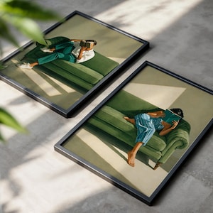 Reading Woman Wall Art Set of 2, Book Lover Gift, Modern Portrait Print for Living Room Decor, Moody Academia Aesthetic Poster Pair