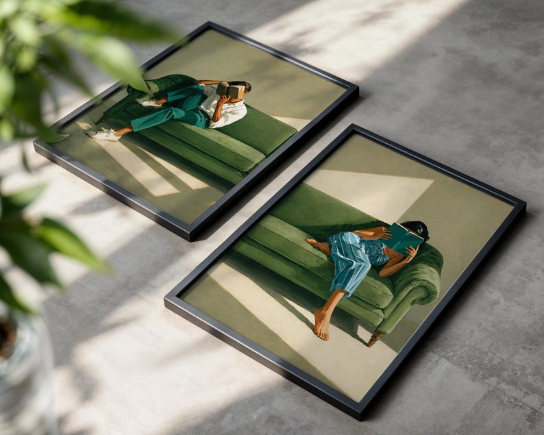 Reading Woman Wall Art Set of 2, Book Lover Gift, Modern Portrait Print for Living Room Decor, Moody Academia Aesthetic Poster Pair