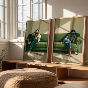 Reading Woman Wall Art Set of 2, Book Lover Gift, Modern Portrait Print for Living Room Decor, Moody Academia Aesthetic Poster Pair image 2