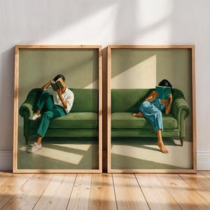 Wandkunst Lesen – Frau, 2er-Set, Geschenk für Bücherfans, modernes Porträt, Wohnzimmerdeko, Dark-Academia-Poster