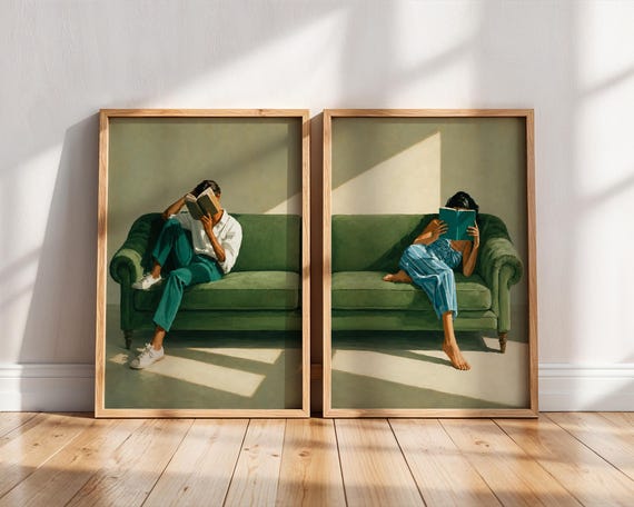 Reading Woman Wall Art Set of 2, Book Lover Gift, Modern Portrait Print for Living Room Decor, Moody Academia Aesthetic Poster Pair