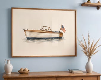May include: A framed horizontal wall art print featuring a watercolor illustration of a classic wooden motorboat with a white hull and a blue waterline. The boat has a windshield, a steering wheel, and an American flag attached to the stern.