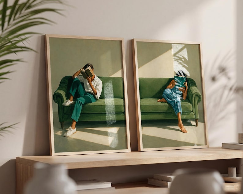 Reading Woman Wall Art Set of 2, Book Lover Gift, Modern Portrait Print for Living Room Decor, Moody Academia Aesthetic Poster Pair image 10