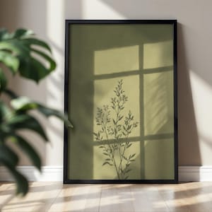 Botanisk väggkonst, växtskuggdekor, stämningsfull grön estetik, solbelyst fönstersilhuett, sovrumsnaturdekor, inflyttningspresent