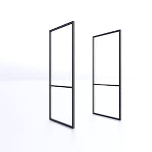 May include: Two black metal frames with a rectangular design. The frames are open in the center and have a horizontal bar across the middle. The frames are standing upright against a white background.
