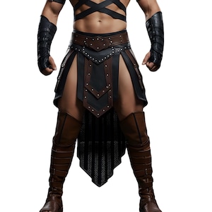 May include: A warrior costume featuring a black and brown leather skirt with studded accents, paired with matching arm guards and knee-high brown boots. The outfit includes a black mesh underlay and crisscross chest straps.