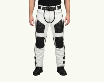 Herren Fetisch Tragen Echtleder Biker Chaps: Schwarz & Weiß Chaps