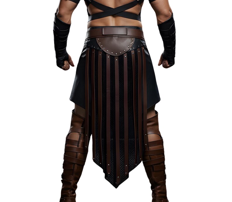 Op de afbeelding: Een bruine en zwarte leren rok met verticale bruine strepen en een zwarte basis. De rok wordt gecombineerd met bruine leren laarzen en zwarte armbeschermers. De outfit heeft een krijger- of gladiatorenthema.