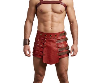 Handgemaakte gevechtsrok van echt leer: rode leren gladiatorkilt, festivaloutfit