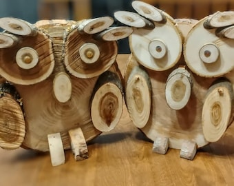 Observadores del bosque / Decoración rústica de búho de madera hecha a mano