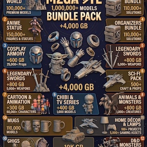 Könnte beinhalten: Eine digitale Werbegrafik für ein Mega STL-Paket mit über 1.000.000 3D-druckbaren Modellen. Die Übersicht zeigt verschiedene Kategorien wie Fantasy-Welten, Anime-Figuren, Cosplay-Rüstungen, legendäre Schwerter und D&D-Monster mit 4.000 GB Daten.