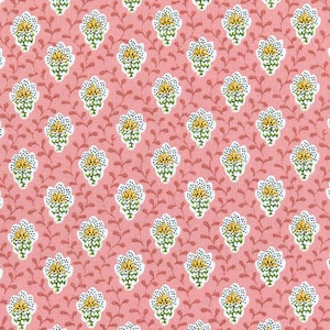 May include: A repeating pattern of white, green, and yellow floral motifs with black dots on a pink background. The design includes a network of reddish-brown vines, creating a vintage, botanical aesthetic. This fabric is suitable for various craft projects.