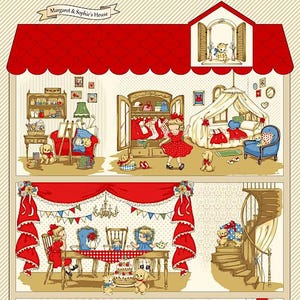 以下が含まれることがあります： 赤い屋根と複数の部屋がある、詳細なイラストのドールハウス。部屋には家具、人形、ペットが飾られています。「Margaret & Sophie's House」というテキストが上部にあります。全体的なテーマは子供の遊び場です。