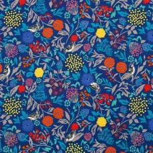 May include: A fabric pattern featuring a deep blue background with a repeating design of small birds, orange and yellow flower clusters, red berries, and light gray foliage. The illustration style uses flat colors and clean lines throughout.