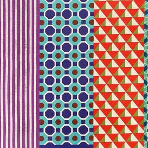 May include: A collection of fabric strips featuring diverse patterns. The first strip has vertical purple and white stripes. The second displays a geometric pattern of dark blue octagons and brown circles on a teal background. The third shows red, green, and white triangles.