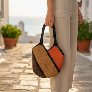 Color Block Crochet Tote | Geometric Boho Shoulder Bag | Retro 70s Style Purse | Burnt Orange & Brown Handbag | Lined Fall Fashion Bag