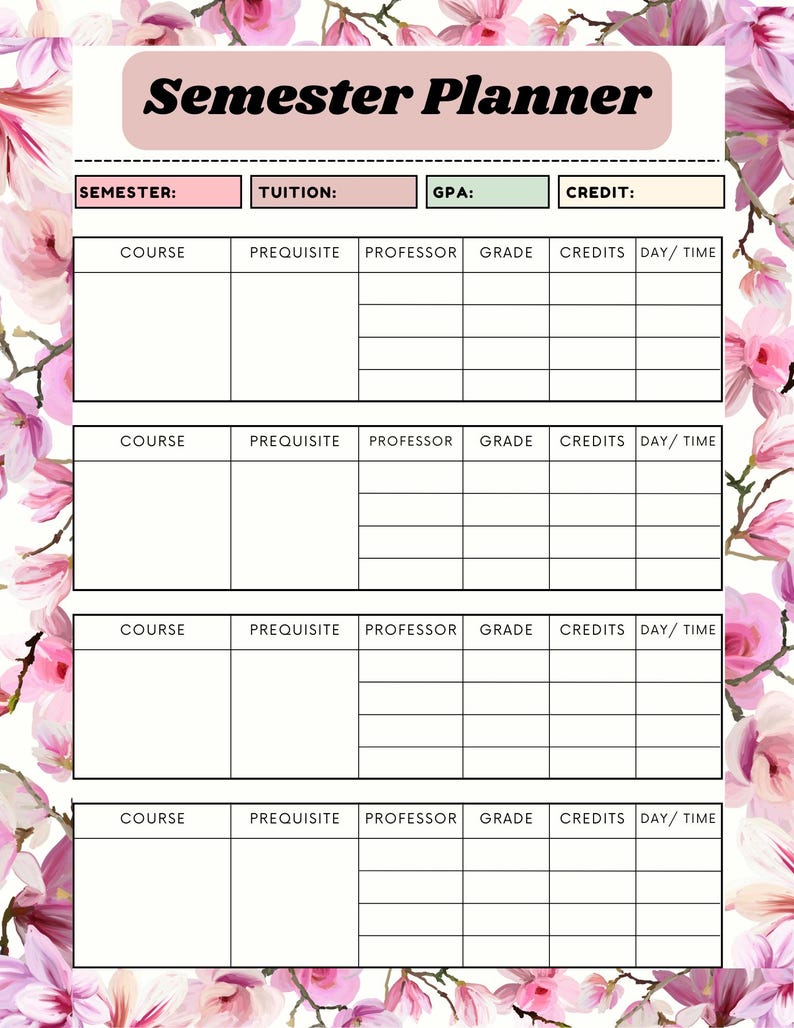 Floral Semester Planner Printable - Etsy