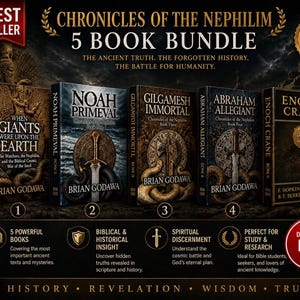 Może przedstawiać: Zestaw pięciu książek zatytułowany "Chronicles of the Nephilim" z ciemnymi okładkami. Tytuły obejmują "When Giants Were Upon the Earth" i "Noah Primeval". Obraz zawiera tekst "Best Seller" i "Complete Collection".