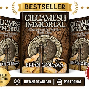 Może przedstawiać: Trzy okładki książek dla "Gilgamesh Immortal: Chronicles of the Nephilim Book Three" autorstwa Briana Godawy. Okładki mają brązowe tło z fakturą drewna z centralnym emblematem i wężem. Tekst "BESTSELLER" znajduje się na g&oacute;rze.