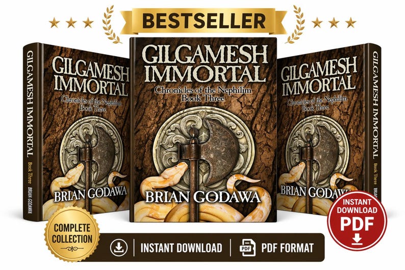 Może przedstawiać: Trzy okładki książek dla "Gilgamesh Immortal: Chronicles of the Nephilim Book Three" autorstwa Briana Godawy. Okładki mają brązowe tło z fakturą drewna z centralnym emblematem i wężem. Tekst "BESTSELLER" znajduje się na g&oacute;rze.