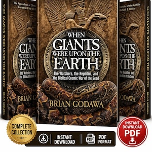 Może przedstawiać: Okładka książki "When Giants Were Upon the Earth" autorstwa Briana Godawy. Projekt w kolorze brązowym i złotym zawiera tekst i ilustrację węża. Widoczne są r&oacute;wnież słowa "Bestseller" i "Complete Collection".