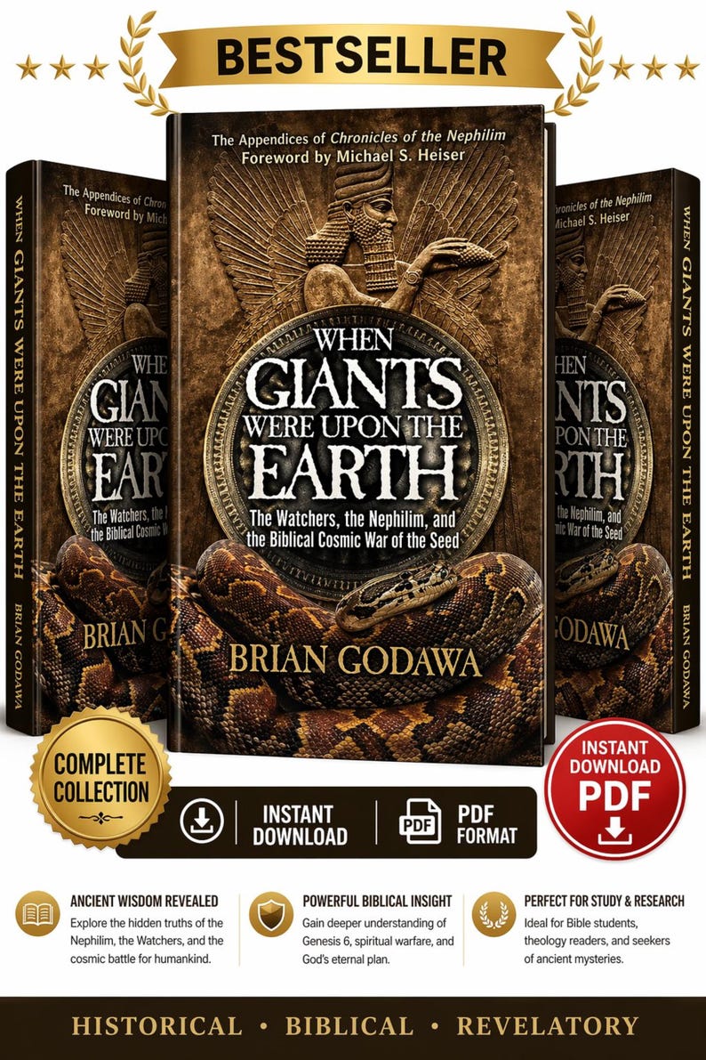 Może przedstawiać: Okładka książki "When Giants Were Upon the Earth" autorstwa Briana Godawy. Projekt w kolorze brązowym i złotym zawiera tekst i ilustrację węża. Widoczne są r&oacute;wnież słowa "Bestseller" i "Complete Collection".