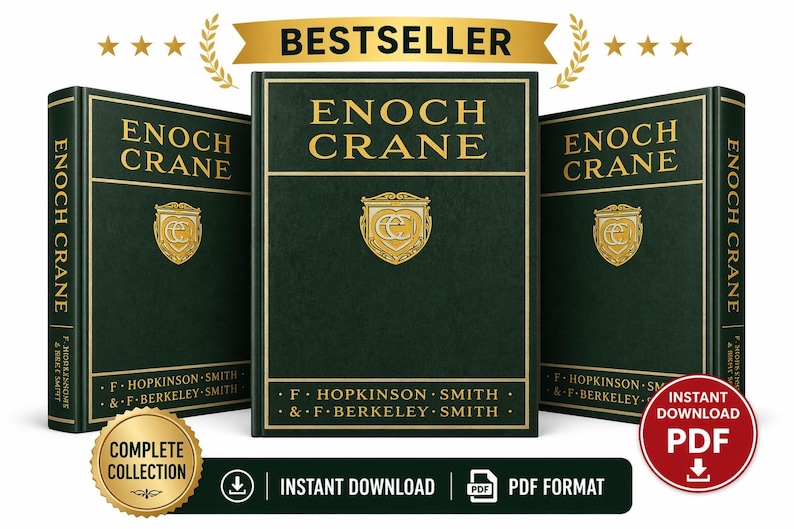 Może przedstawiać: Trzy książki w twardej oprawie w kolorze ciemnozielonym zatytułowane "Enoch Crane" ze złotymi literami i złotym godłem. Książki mają złote obramowania, a słowo "Bestseller" znajduje się nad środkową książką. Obraz zawiera odznakę "Complete Collection" i odznakę "PDF Format".