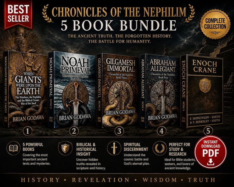 Może przedstawiać: Zestaw pięciu książek zatytułowany "Chronicles of the Nephilim" z ciemnymi okładkami. Tytuły obejmują "When Giants Were Upon the Earth" i "Noah Primeval". Obraz zawiera tekst "Best Seller" i "Complete Collection".