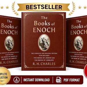 Pode incluir: Três livros de capa dura intitulados "The Books of Enoch" com capa castanha e letras douradas. As capas dos livros apresentam uma ilustração e o texto "The Complete and Original Edition". Uma faixa "BESTSELLER" está no topo.