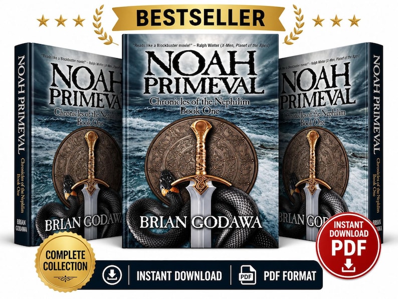 Może przedstawiać: Wyświetlane są trzy egzemplarze książki "Noah Primeval: Chronicles of the Nephilim Book One". Okładki książek przedstawiają miecz, węża i tarczę. Widoczne jest nazwisko autora, Briana Godawy. Obraz zawiera etykiety "BESTSELLER" i "INSTANT DOWNLOAD PDF".