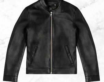 Handgemaakte zwarte rundleren bikerjack heren – slim fit, opstaande kraag