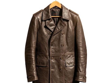Vintage leren herenjas – handgemaakt bruin double-breasted jack, tijdloze jas in militaire stijl