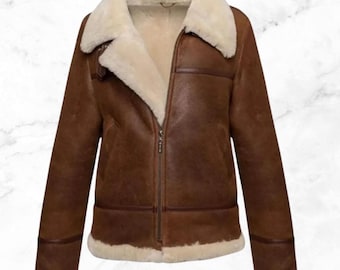 Women’s Brown Shearling Sheepskin Jacket – Real Leather Winter Aviator Coat, Fur Lined Warm Outerwear
