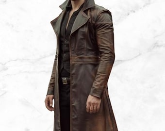 Men’s Brown Leather Trench Coat – Vintage Long Distressed Jacket, Steampunk Outfit, Cosplay Costume Coat