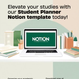 Peut inclure: Un ordinateur portable affichant un tableau de bord étudiant Notion, entouré de piles de livres, de carnets et d'un pot à crayons. Le texte indique : IAMadeForYou, Elevate your studies with our Student Planner Notion template today!, Organize your academic life effortlessly, et Download now at reallygreatsite.com.
