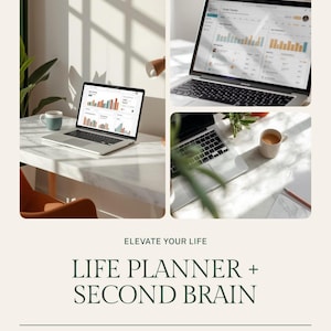 Peut inclure: Un planificateur de vie numérique et un modèle de second cerveau affichés sur un écran d'ordinateur portable. L'image présente le texte ELEVATE YOUR LIFE, LIFE PLANNER + SECOND BRAIN, et Organize, Track, and Achieve Your Goals avec des espaces de travail.