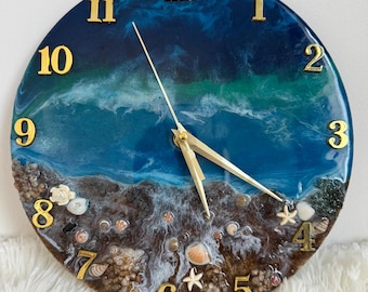 Resin art Wall clock: Beach ocean wave inspired