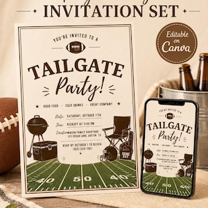 May include: A printed invitation card and a smartphone screen displaying a Tailgate Party invitation set. The design features a football field graphic, a football, a grill, a cooler, a folding chair, and a foam finger with the text Tailgate Party.