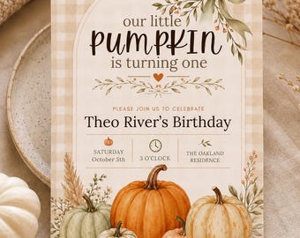 Invitación rústica de calabaza para el primer cumpleaños / Fiesta de otoño, editable (descarga digital)