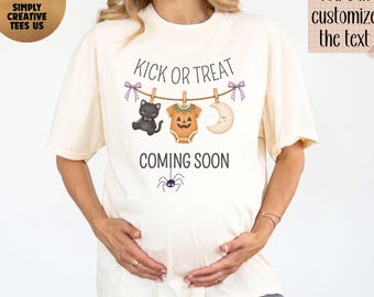 Comfort Colors® Custom Halloween Pregnancy Reveal Shirt, Kick Or Treat Baby Announcement T-Shirt, Personalized Maternity Spooky Mom Tee