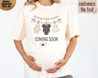 Comfort Colors® Custom Growing A Little Monster Shirt, Halloween Pregnancy Reveal Tee, Personalized Maternity Spooky Baby Announcement Top