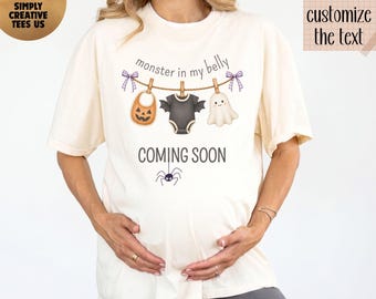 Comfort Colors® Custom Monster In My Belly Shirt, Halloween Pregnancy Reveal Tee, Personalized Maternity Spooky Baby Announcement Top