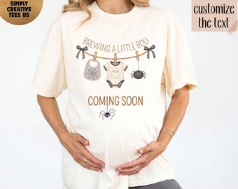 Comfort Colors® Custom Brewing A Little Boo Shirt, Halloween Pregnancy Reveal Tee, Personalized Maternity Spooky Baby Announcement Top