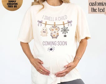 Comfort Colors® Custom I Smell A Child Shirt, Halloween Pregnancy Reveal T-Shirt, Personalized Maternity Spooky Baby Announcement Top