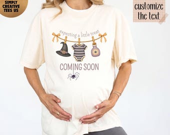 Comfort Colors® Custom Expecting A Little Treat Shirt, Halloween Pregnancy Reveal Tee, Personalized Maternity Spooky Baby Announcement Top