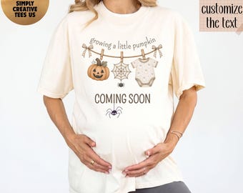 Comfort Colors® Custom Growing A Little Pumpkin Shirt, Halloween Pregnancy Reveal Tee, Personalized Maternity Spooky Baby Announcement Top